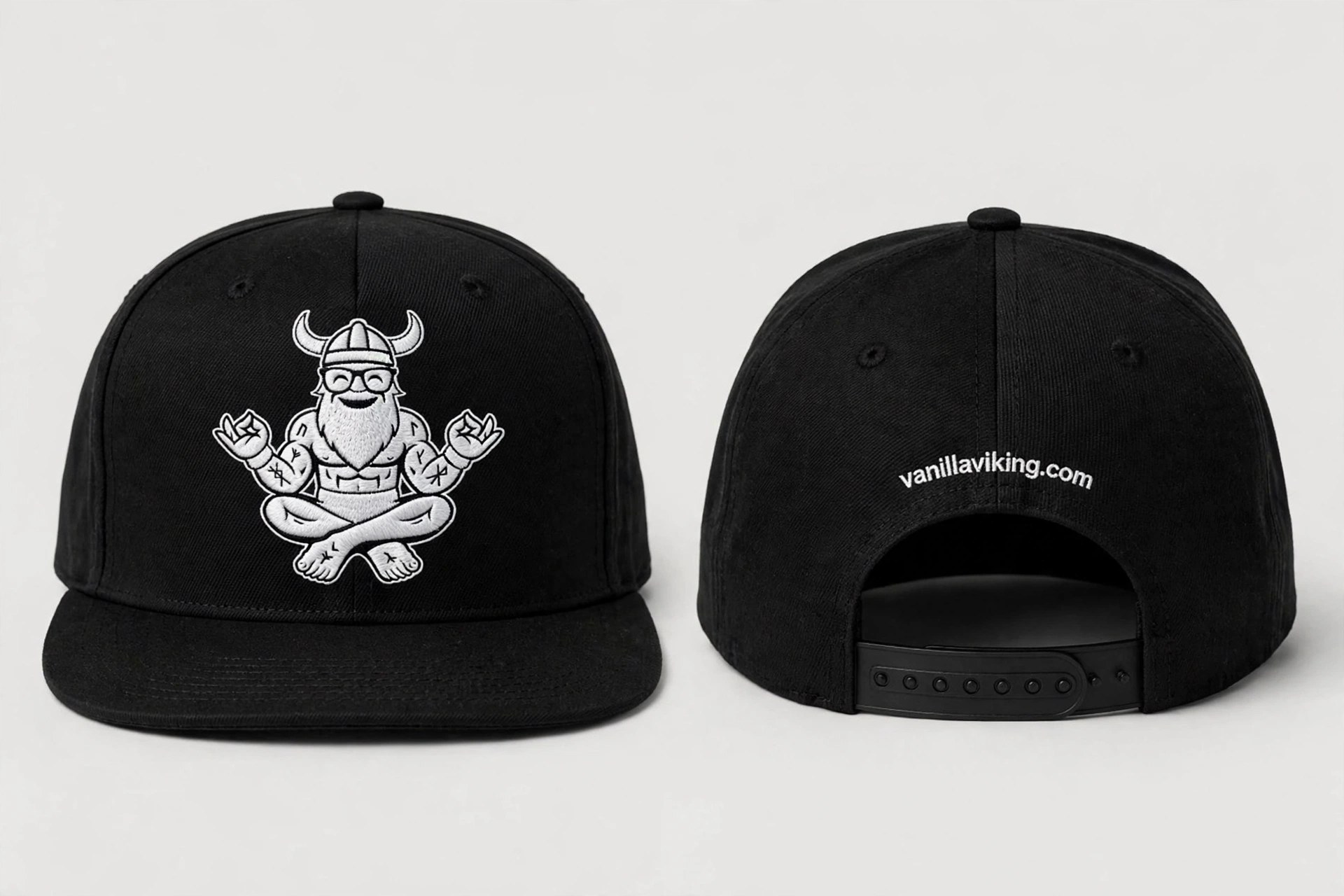 Vanilla Viking flat-brim cap mockup — logo on front, vanillaviking.com on back