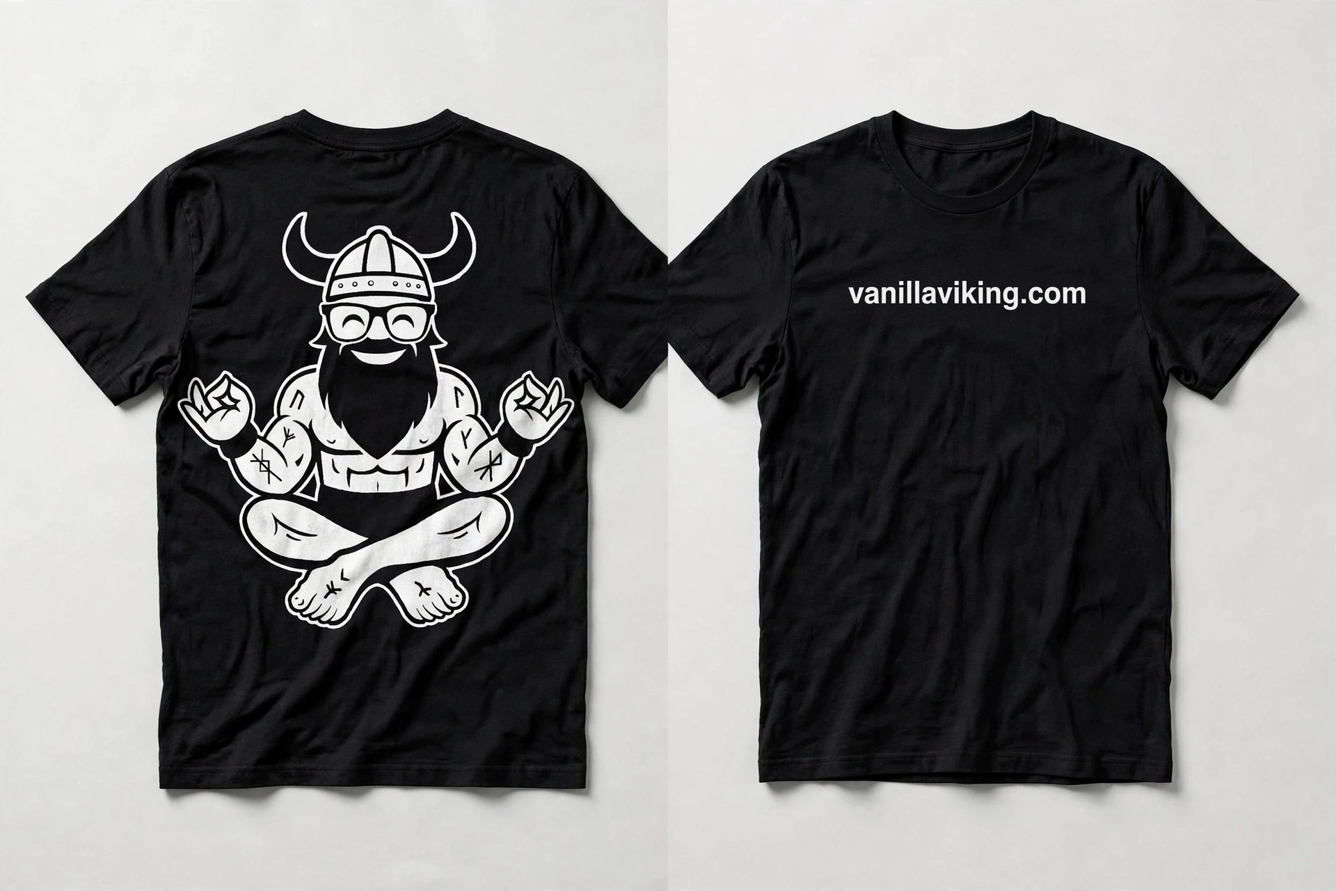 Vanilla Viking t-shirt mockup — logo on back, vanillaviking.com on front